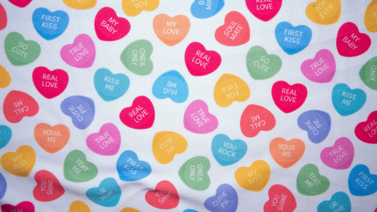 Candy Hearts #101 Double Brushed Polyester Spandex Apparel Stretch Fabric 190 GSM 58"-60" Wide By The Yard