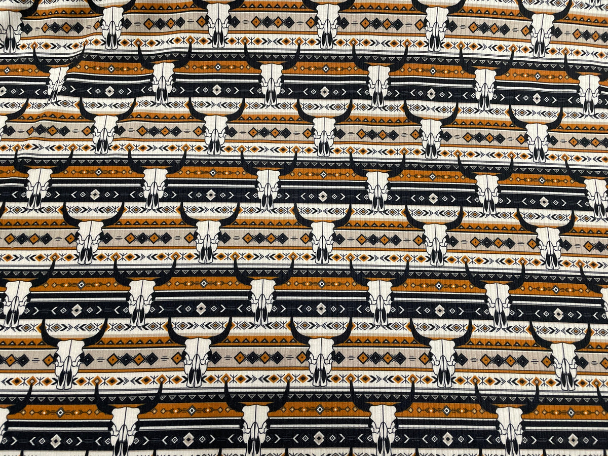 Cow Skull Rib Knit Print #6 4x2 Jersey Knit Polyester Rayon Spandex Stretch 190GSM Apparel Fabric 58"-60" Wide By The Yard