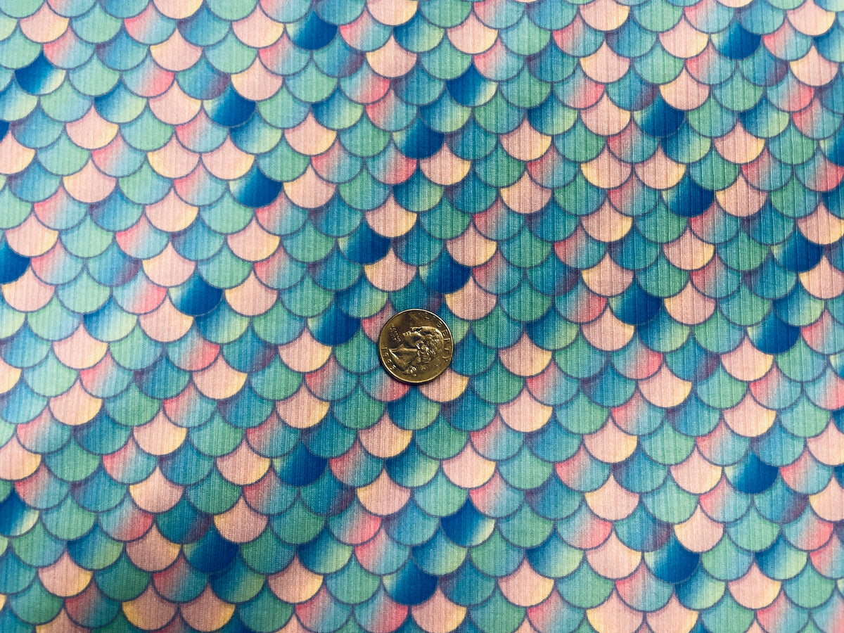 Mermaid Scale Rib Knit Print #15 4x2 Jersey Knit Polyester Rayon Spandex Stretch 190GSM Apparel Fabric 58"-60" Wide By The Yard