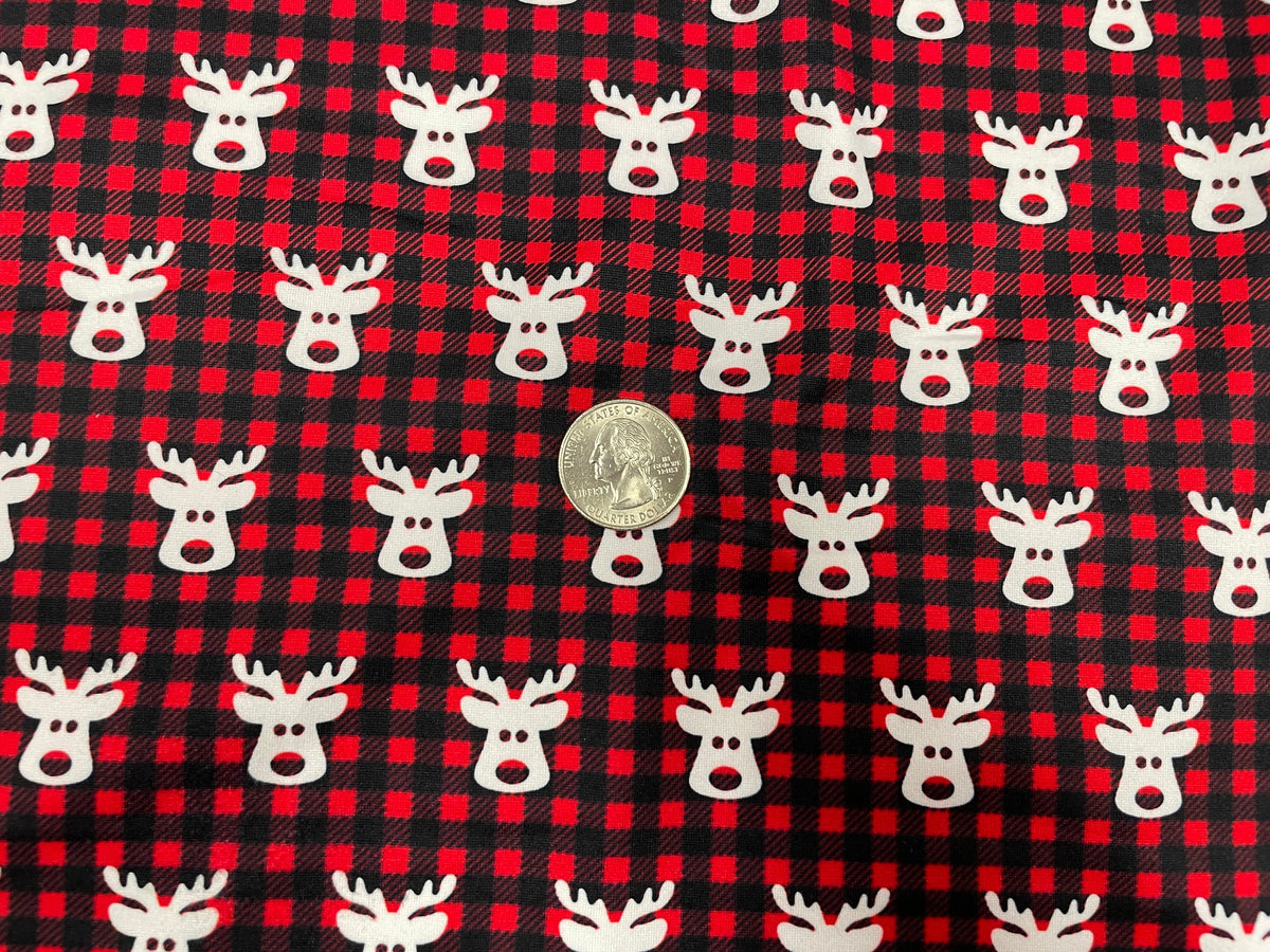 Buffalo Plaid Rudolph Reindeer DBP Print #260 Double Brushed Polyester Spandex Apparel Stretch Fabric 190 GSM 58"-60" Wide By The Yard