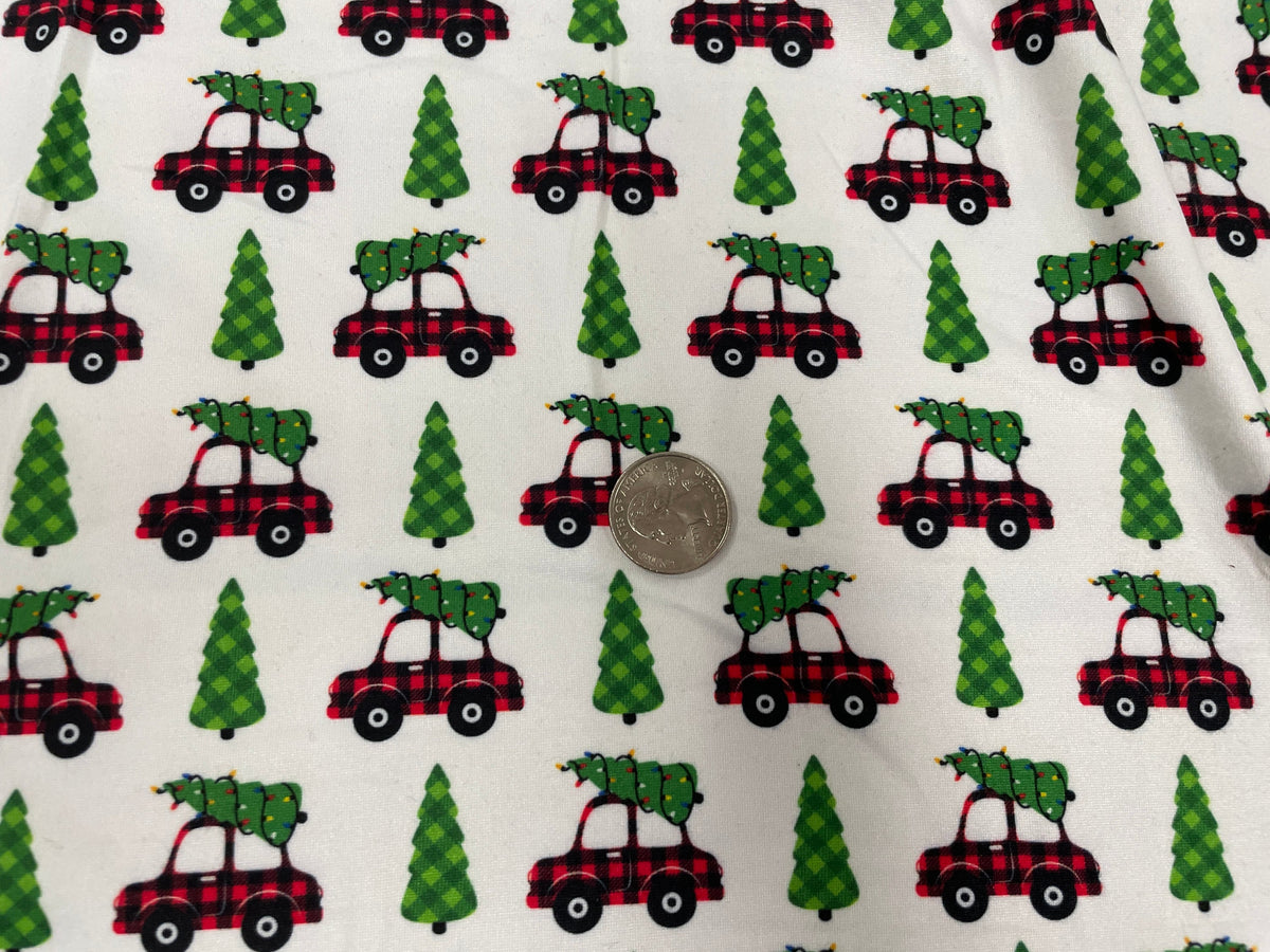 Red Christmas Truck Tree DBP Print #291 Double Brushed Polyester Spandex Apparel Stretch Fabric 190 GSM 58"-60" Wide By The Yard