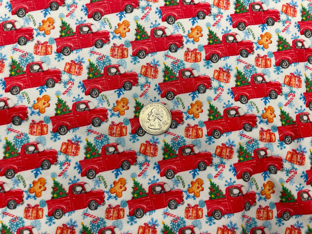 Red Christmas Truck Candy Cane DBP Print #295 Double Brushed Polyester Spandex Apparel Stretch Fabric 190 GSM 58"-60" Wide By The Yard