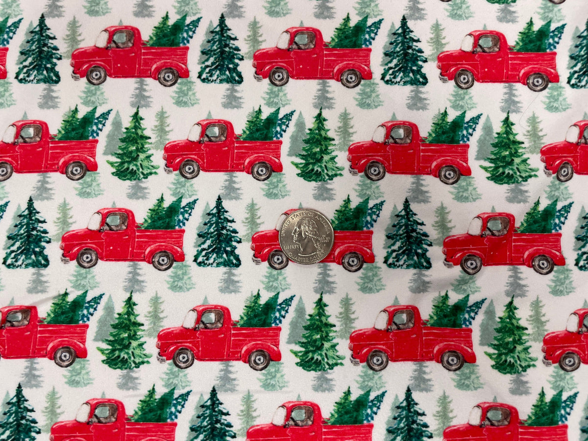 Classic Red Christmas Truck DBP Print #304 Double Brushed Polyester Spandex Apparel Stretch Fabric 190 GSM 58"-60" Wide By The Yard
