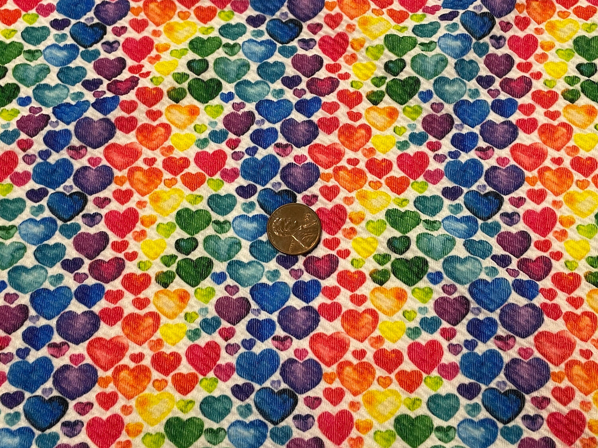 Rainbow Hearts Bullet Print #487 Ribbed Scuba Techno Double Knit 2-Way Stretch Poly Spandex Apparel Craft Fabric 58"-60" Wide BTY