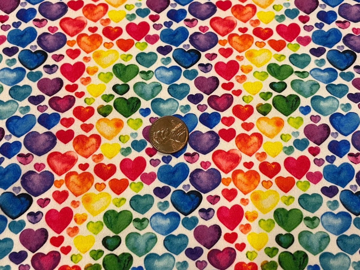 Rainbow Hearts DBP Print #392 Valentines Double Brushed Polyester Spandex Apparel Stretch Fabric 190 GSM 58"-60" Wide By The Yard