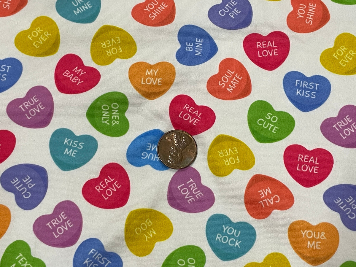 Candy Conversation Hearts DBP Print #396 Valentines Double Brushed Polyester Spandex Apparel Stretch Fabric 190 GSM 58"-60" Wide By The Yard