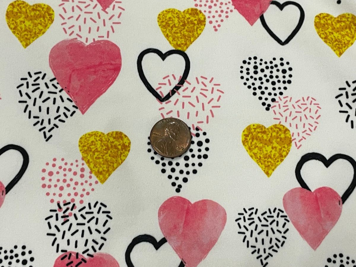 Gold Sparkle Hearts DBP Print #395 Valentines Double Brushed Polyester Spandex Apparel Stretch Fabric 190 GSM 58"-60" Wide By The Yard
