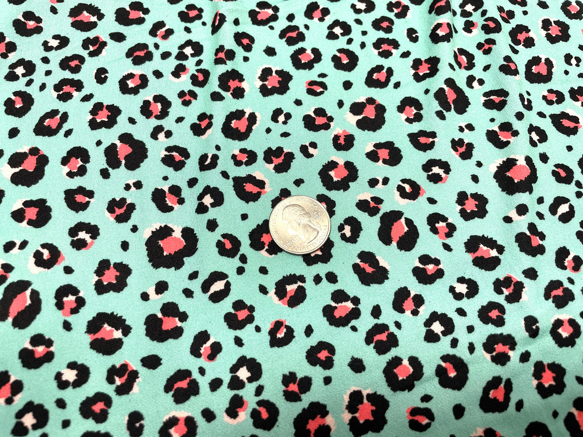 Mint Leopard DBP Print #437 Double Brushed Polyester Spandex Apparel Stretch Fabric 190 GSM 58"-60" Wide By The Yard