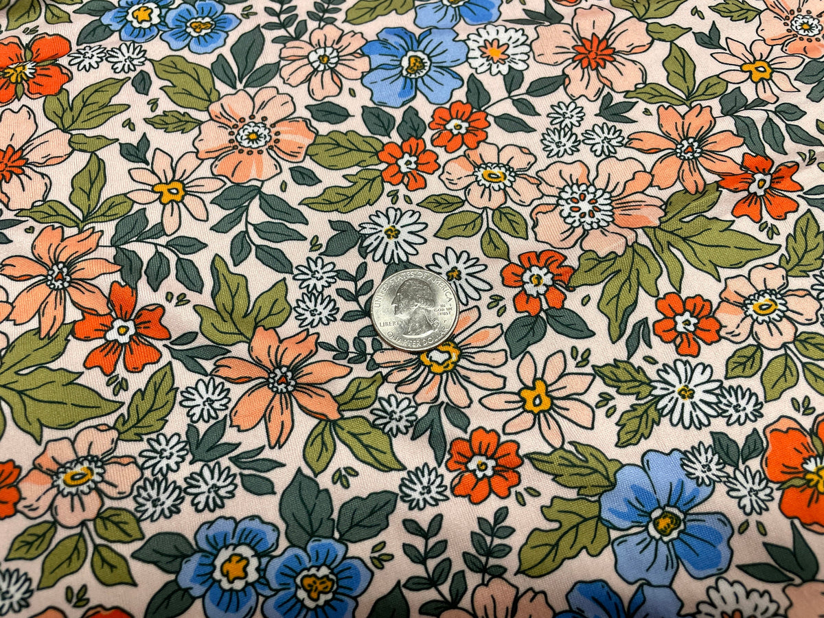 250 GSM DBP Retro Flora Print #454 Double Brushed Polyester Spandex Apparel Stretch Fabric 58"-60" Wide By The Yard