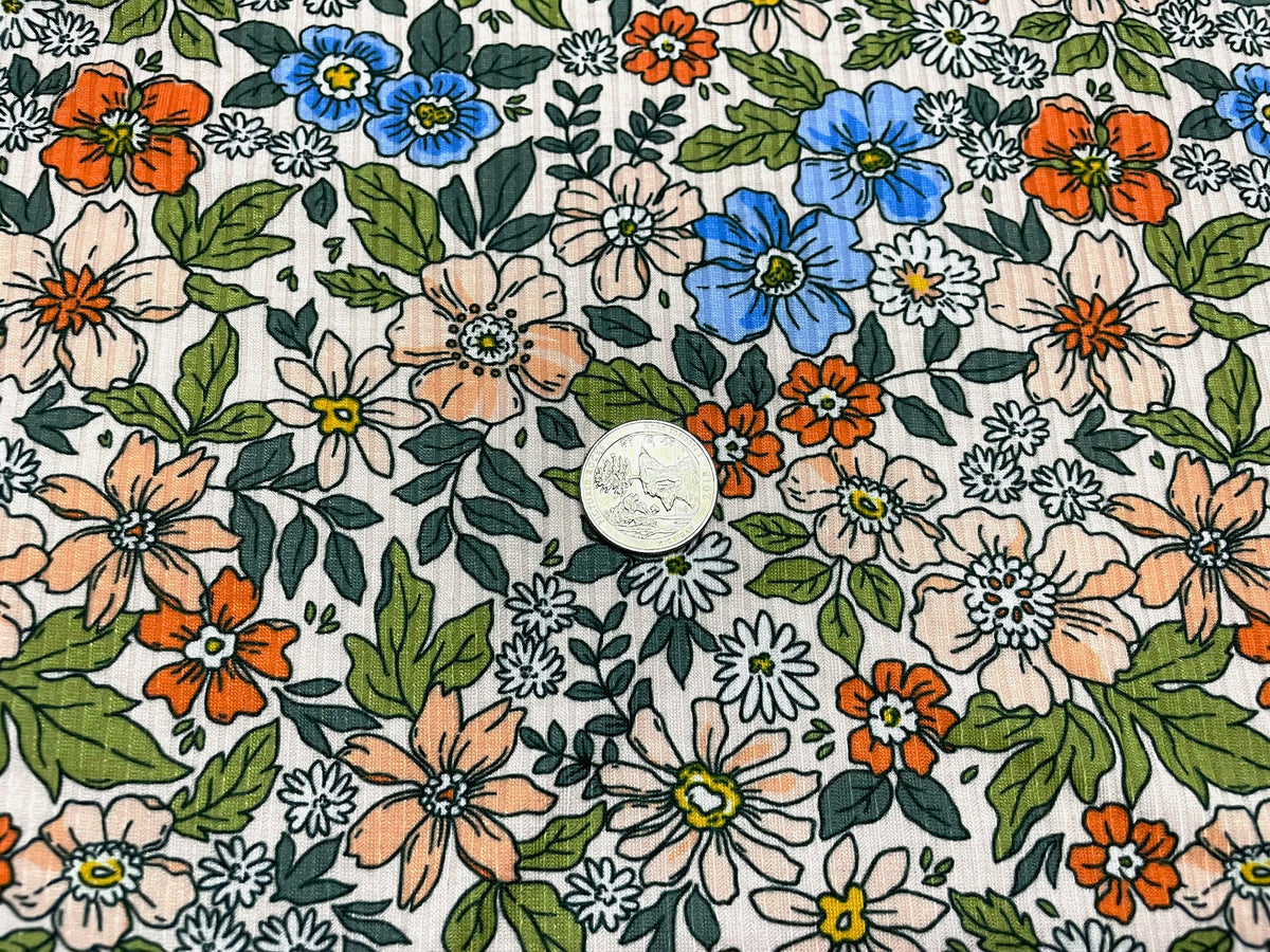 Retro Floral DBP 4x2 Rib Knit Print #87 Double Brushed Polyester Spandex Stretch 190GSM Apparel Fabric 58"-60" Wide By The Yard