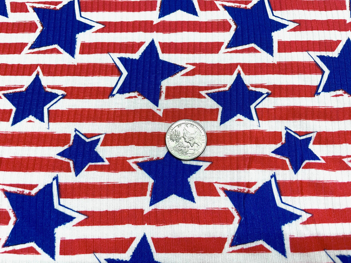 Stars and Stripes DBP 4x2 Rib Knit Print #91 Double Brushed Polyester Spandex Stretch 190GSM Apparel Fabric 58"-60" Wide By The Yard