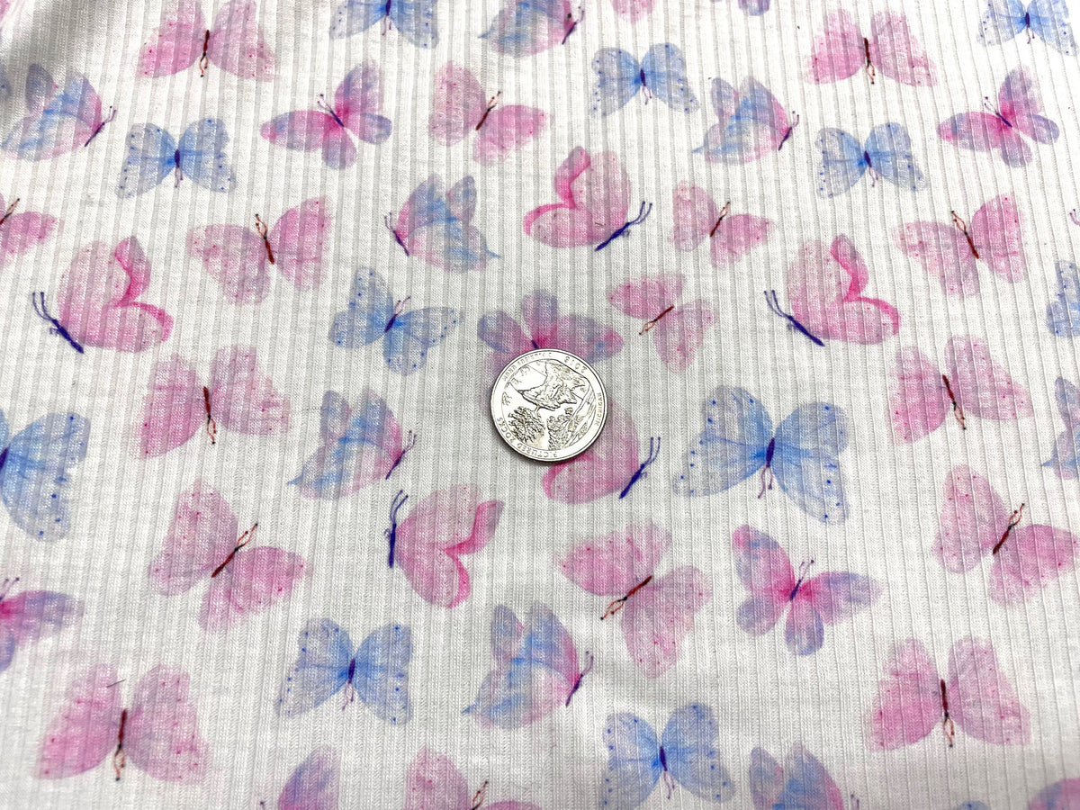 Butterflies DBP 4x2 Rib Knit Print #96 Double Brushed Polyester Spandex Stretch 190GSM Apparel Fabric 58"-60" Wide By The Yard