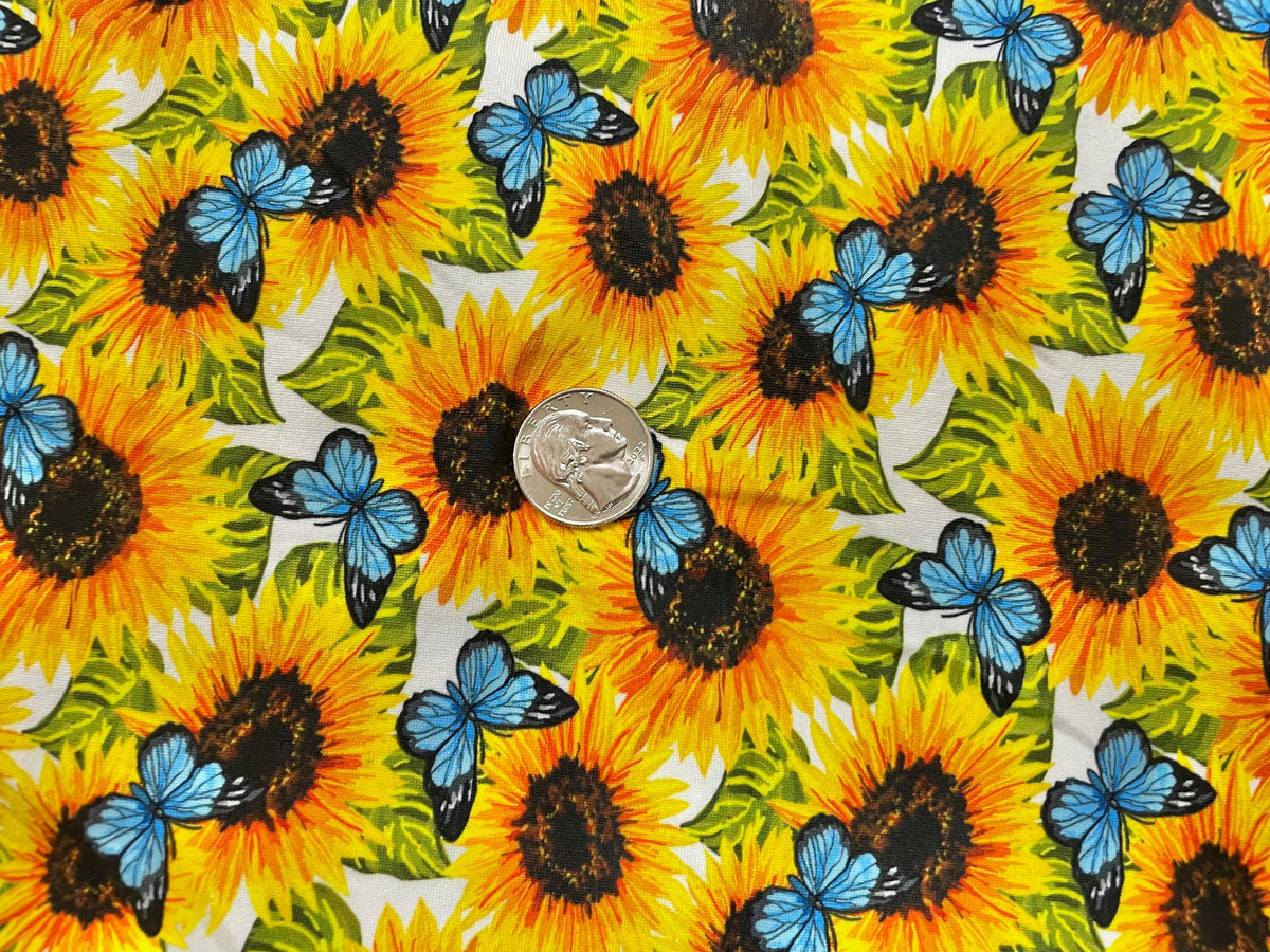Sunflower Butterfly DBP Print #486 Double Brushed Polyester Spandex Apparel Stretch Fabric 190 GSM 58"-60" Wide By The Yard