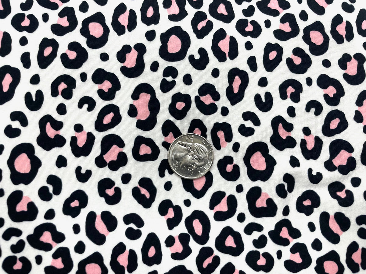 Leopard Pink White DBP Print #498 Double Brushed Polyester Spandex Apparel Stretch Fabric 190 GSM 58"-60" Wide By The Yard