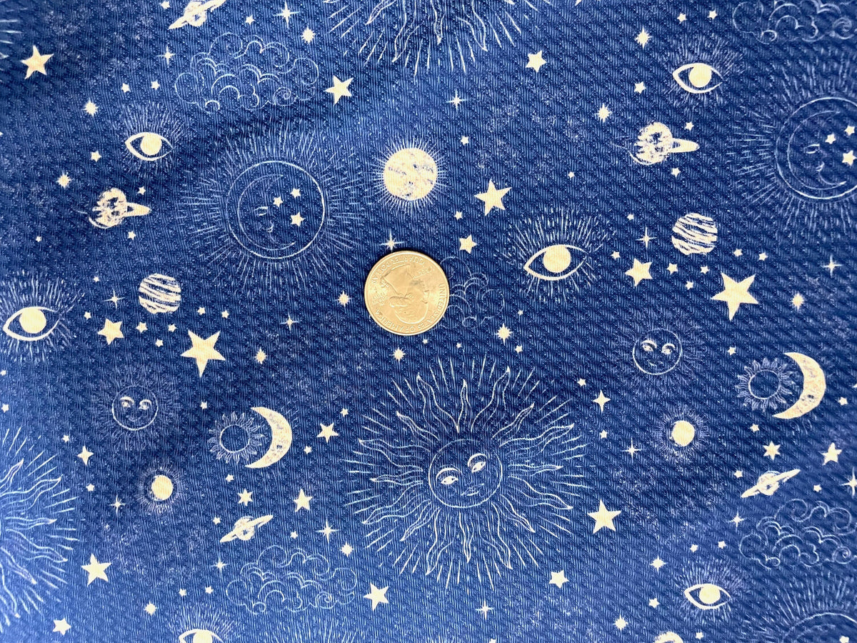 Constellations Sun Moon Bullet Print #533 Ribbed Scuba Techno Double Knit 2-Way Stretch Poly Spandex Apparel Craft Fabric 58"-60" Wide BTY