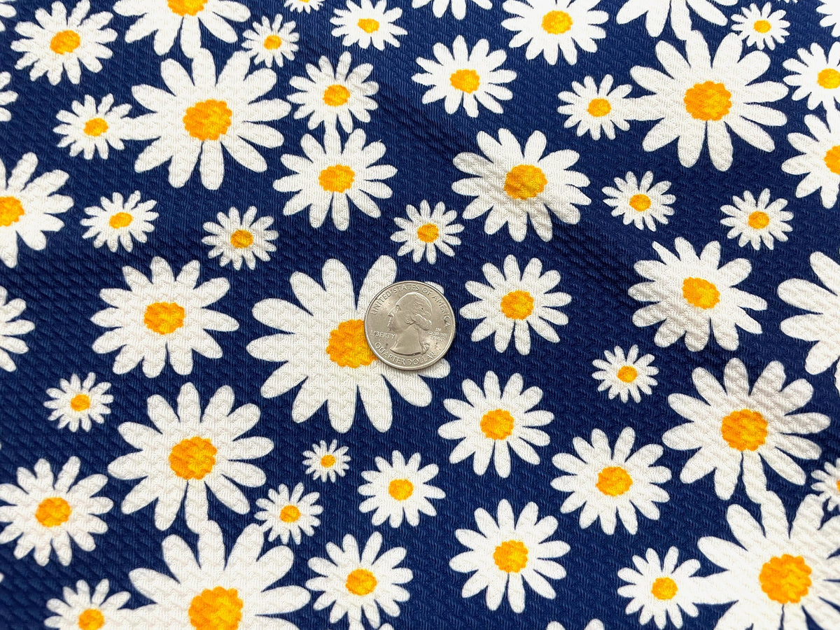 Daisy Navy Bullet Print #547 Ribbed Scuba Techno Double Knit 2-Way Stretch Poly Spandex Apparel Craft Fabric 58"-60" Wide BTY