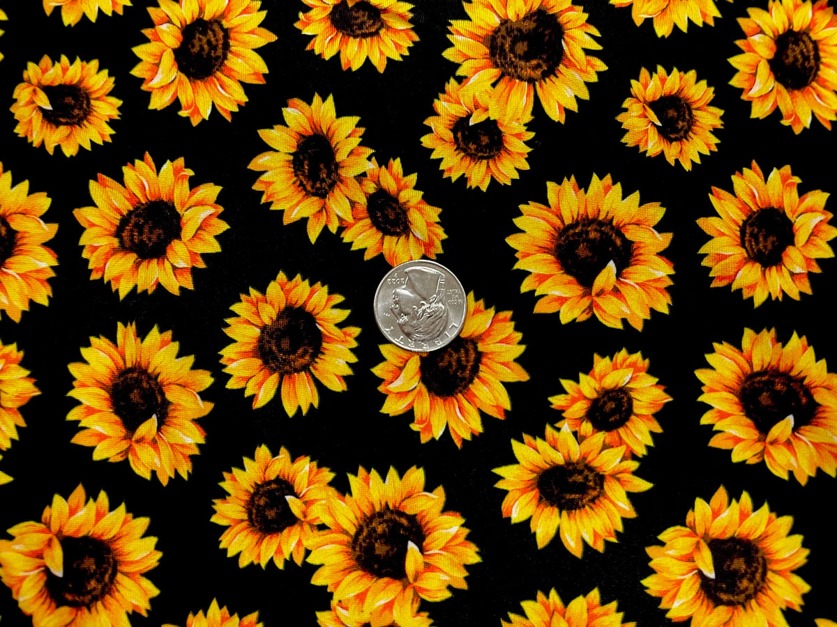 Sunflower Black DBP Print #488 Double Brushed Polyester Spandex Apparel Stretch Fabric 190 GSM 58"-60" Wide By The Yard