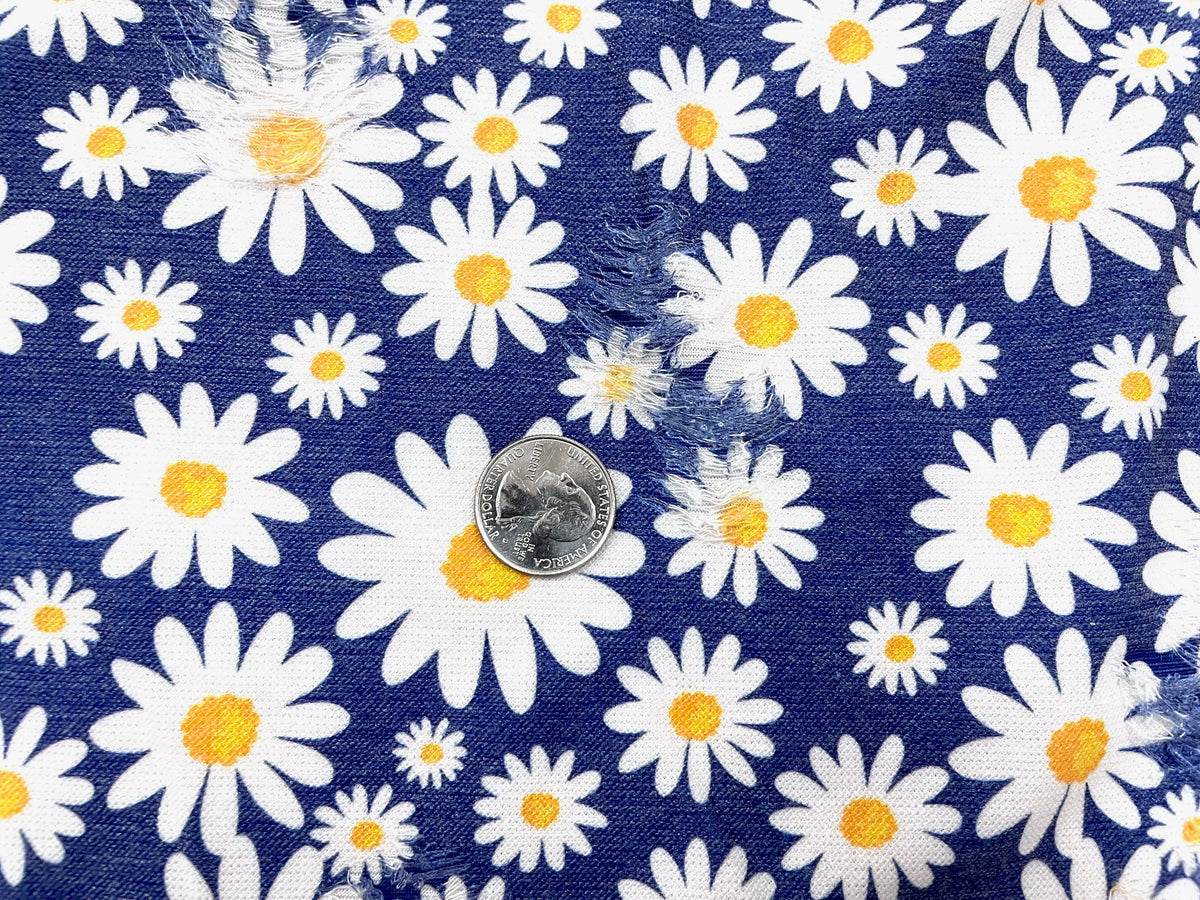 Daisy Floral Navy Distressed Denim Print #41 Polyester Rayon Spandex Stretch Apparel Fabric 58"-60" Wide By The Yard