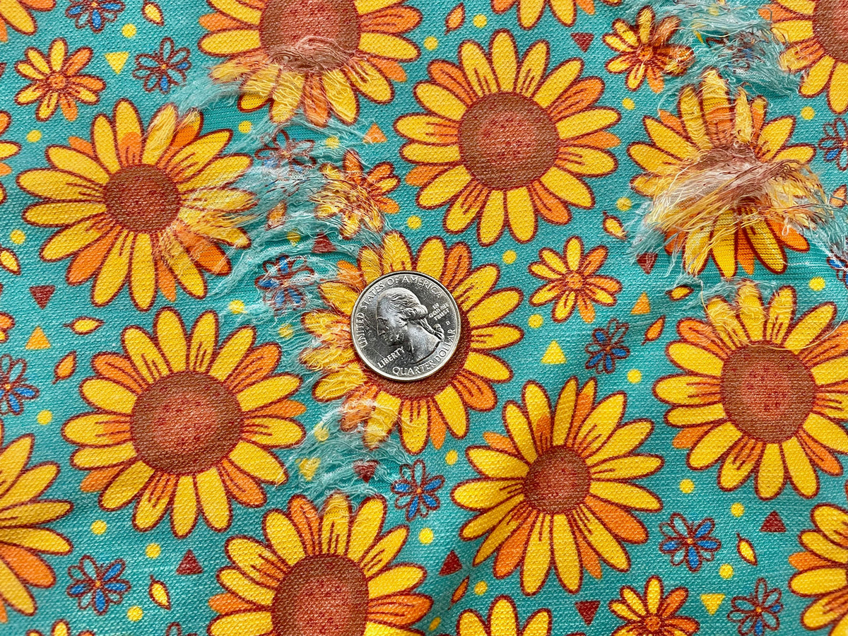 Hippie Sunflower Distressed Denim Print #8 Polyester Rayon Spandex Stretch Apparel Fabric 58"-60" Wide By The Yard
