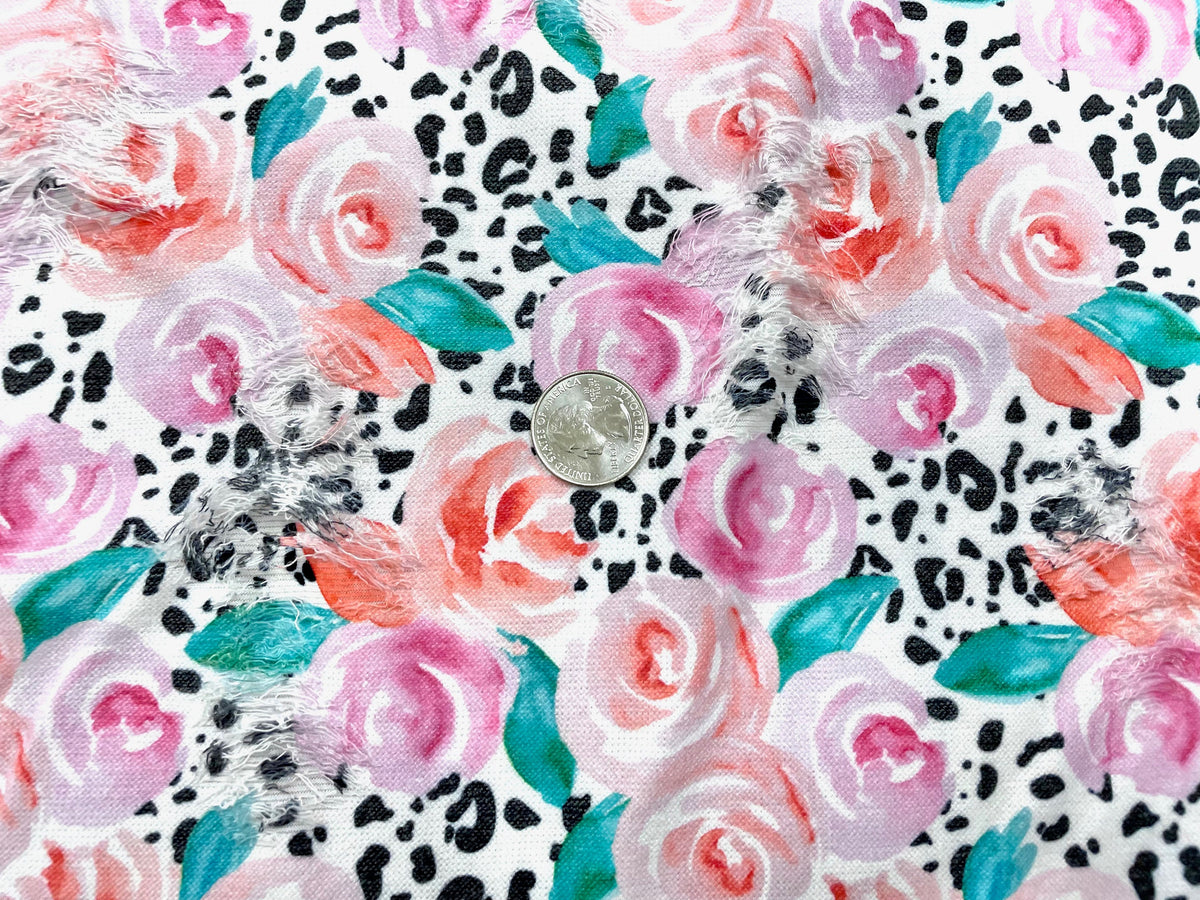 Leopard Rose Distressed Denim Print #15 Polyester Rayon Spandex Stretch Apparel Fabric 58"-60" Wide By The Yard