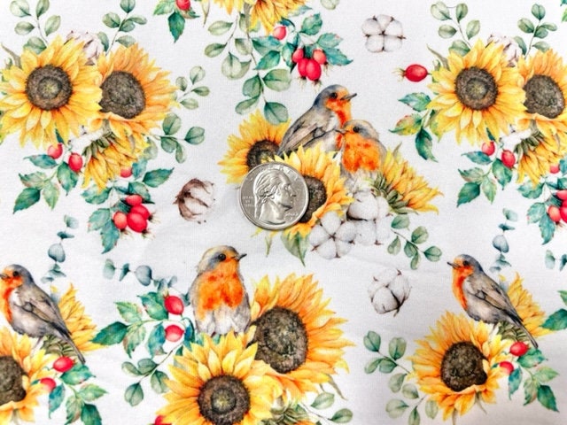 Eucalyptus Sunflower DBP Print #612 Double Brushed Polyester Spandex Apparel Stretch Fabric 190 GSM 58"-60" Wide By The Yard