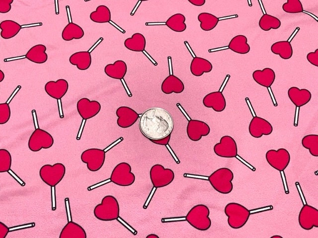 Lollipop Hearts Valentine's Day DBP Print #700 Double Brushed Polyester Spandex Apparel Stretch Fabric 190 GSM 58"-60" Wide By The Yard
