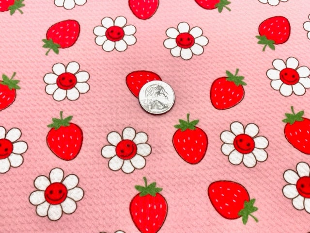 Strawberry Smiling Floral Bullet Print #707 Ribbed Scuba Techno Double Knit 2-Way Stretch Poly Spandex Apparel Craft Fabric 58"-60" Wide BTY