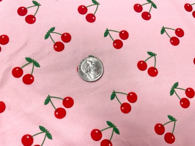 250 GSM DBP Cherries Summer Fruit Print #733 Double Brushed Polyester Spandex Apparel Stretch Fabric 58"-60" Wide By The Yard