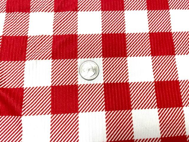 4x2 Rib Buffalo Plaid Red White DBP Knit Print #527 Double Brushed Poly Spandex Stretch 190GSM Apparel Fabric 58"-60" Wide By The Yard