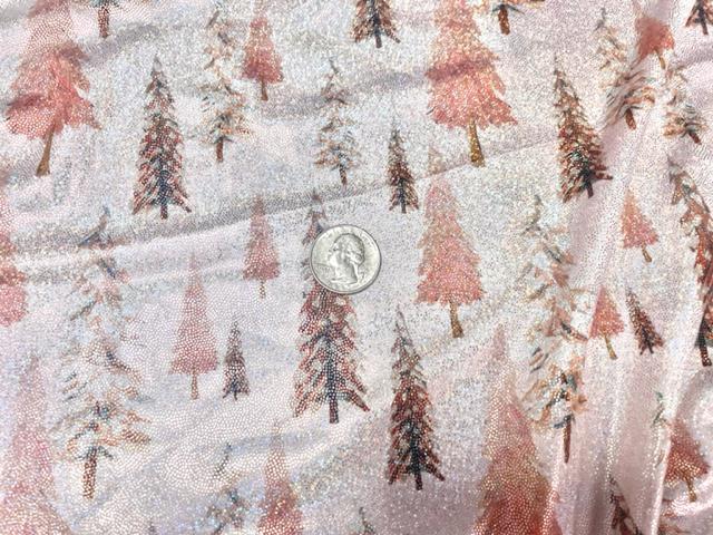 Pink Christmas Tree Print #40 Shiny Shimmer Stretch Poly Spandex 190 GSM Apparel Craft Fabric 58"-60" Wide By The Yard
