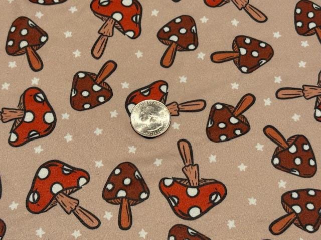 Brittany Frost Designs Mushrooms DBP Print #1020 Double Brushed Polyester Spandex Apparel Stretch Fabric 190 GSM 58"-60" Wide By The Yard