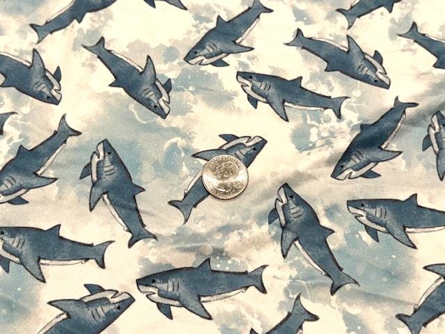 Brittany Frost Designs Sharks DBP Print #1023 Double Brushed Polyester Spandex Apparel Stretch Fabric 190 GSM 58"-60" Wide By The Yard