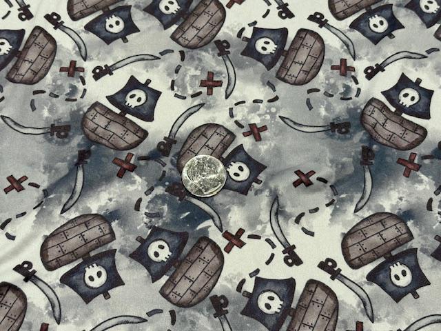 250 GSM DBP Brittany Frost Designs Pirate Ship #1055 Double Brushed Polyester Spandex Apparel Stretch Fabric 58"-60" Wide By The Yard