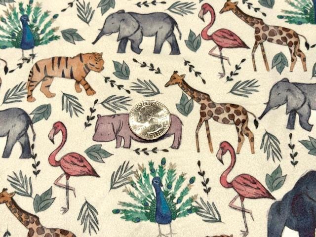 250 GSM DBP Brittany Frost Designs Zoo Animals #1026 Double Brushed Polyester Spandex Apparel Stretch Fabric 58"-60" Wide By The Yard