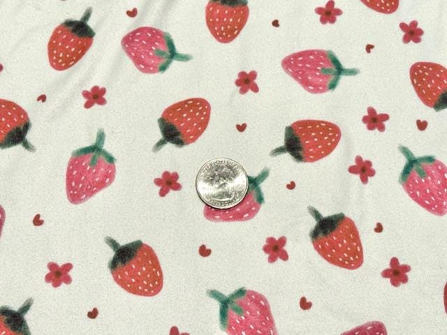 Super Scuba Techno Brittany Frost Designs Strawberries Print #1017 Knit Stretch Fabric Poly Spandex Apparel Fabric 58"-60" Wide By The Yard