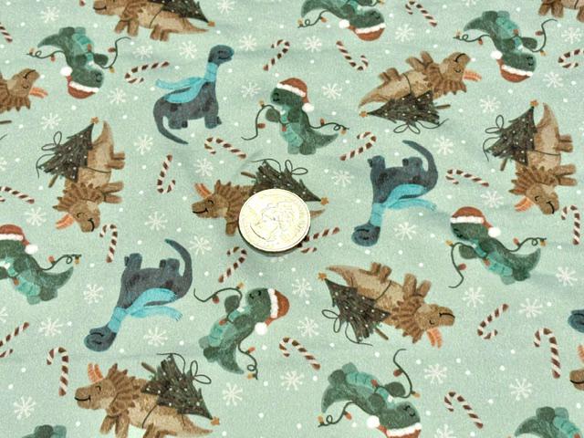 250 GSM DBP Brittany Frost Xmas Dinos Print #2055 Double Brushed Polyester Spandex Apparel Stretch Fabric 58"-60" Wide By The Yard