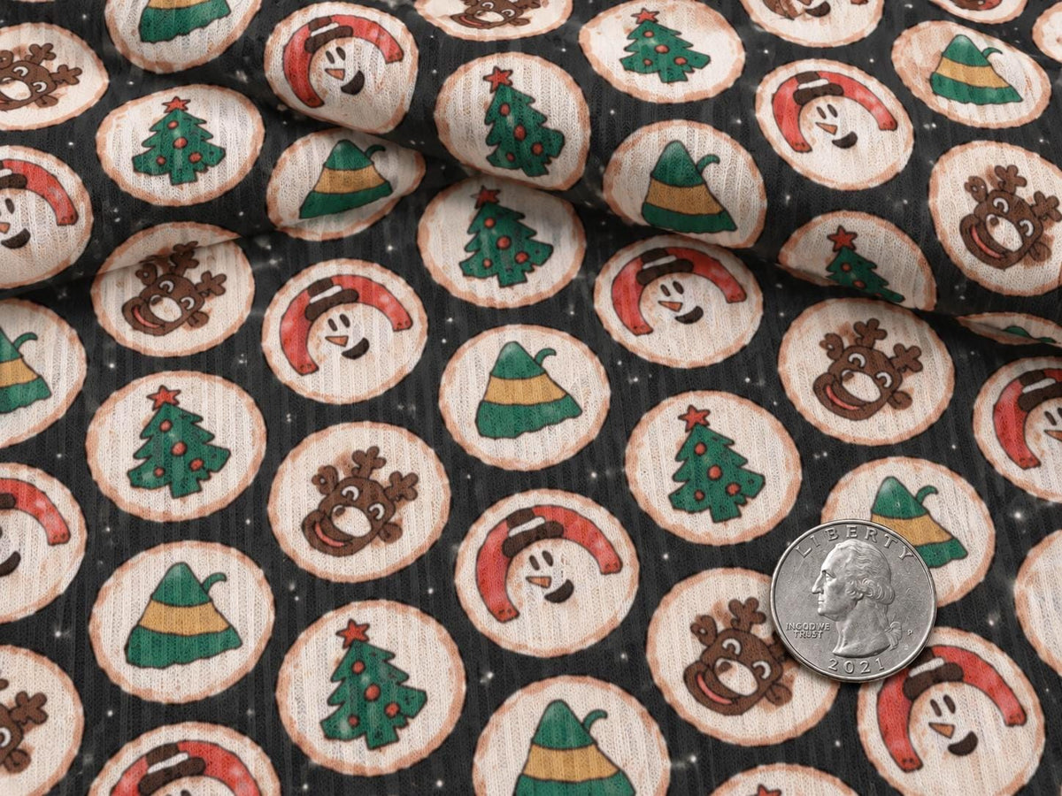 4x2 Rib Knit Brittany Frost Designs Christmas Cookies DBP Print #2049 Spandex Stretch 190GSM Fabric 58"-60" Wide By The Yard