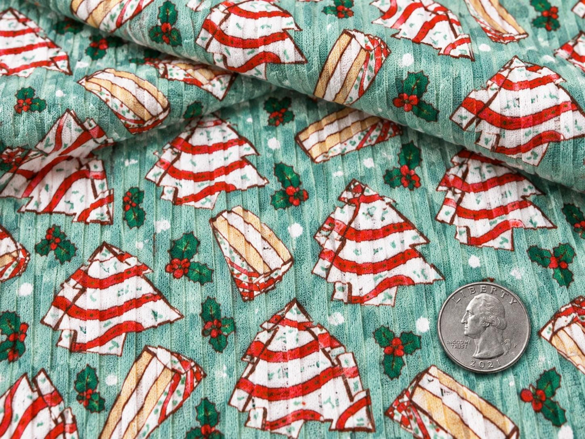 8x3 Rib Brittany Frost Designs Christmas Cake DBP Knit Print #2048 Poly Spandex Stretch 190GSM Apparel Fabric 58"-60" Wide By The Yard