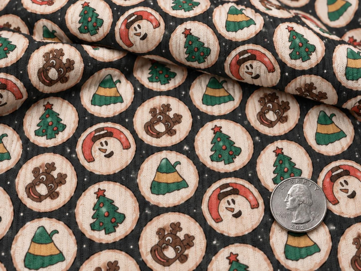 8x3 Rib Brittany Frost Designs Christmas Cookies DBP Knit Print #2049 Poly Spandex Stretch 190GSM Apparel Fabric 58"-60" Wide By The Yard