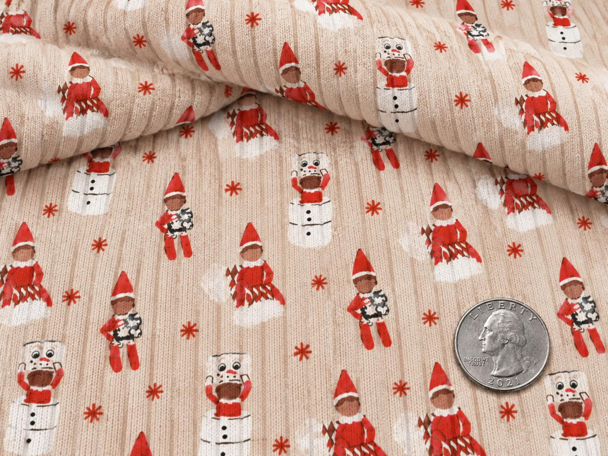 8x3 Rib Brittany Frost Designs Christmas Elf DBP Knit Print #2050 Poly Spandex Stretch 190GSM Apparel Fabric 58"-60" Wide By The Yard