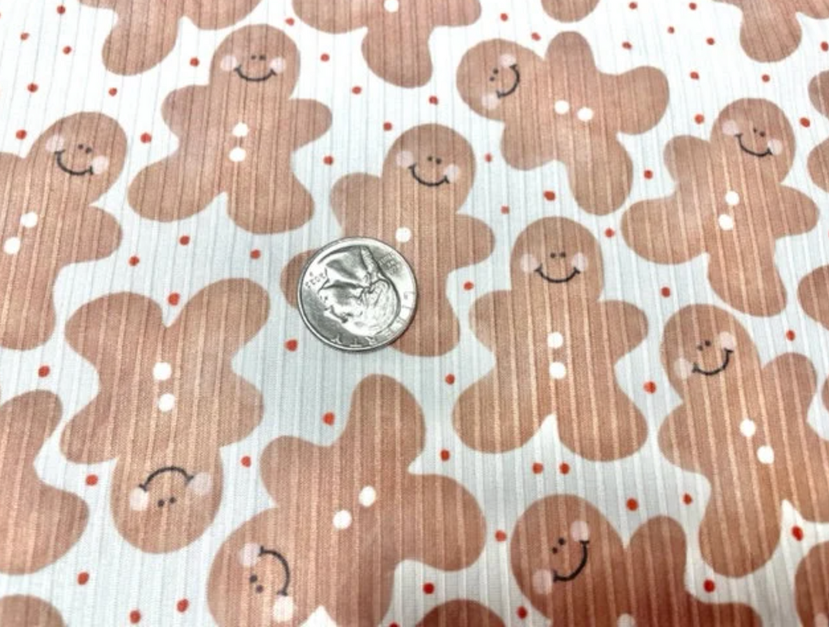 4x2 Rib Knit Brittany Frost Designs Gingerbread Man DBP Print #435 Double Brush Poly Spandex Stretch 190GSM Fabric 58"-60" Wide By The Yard