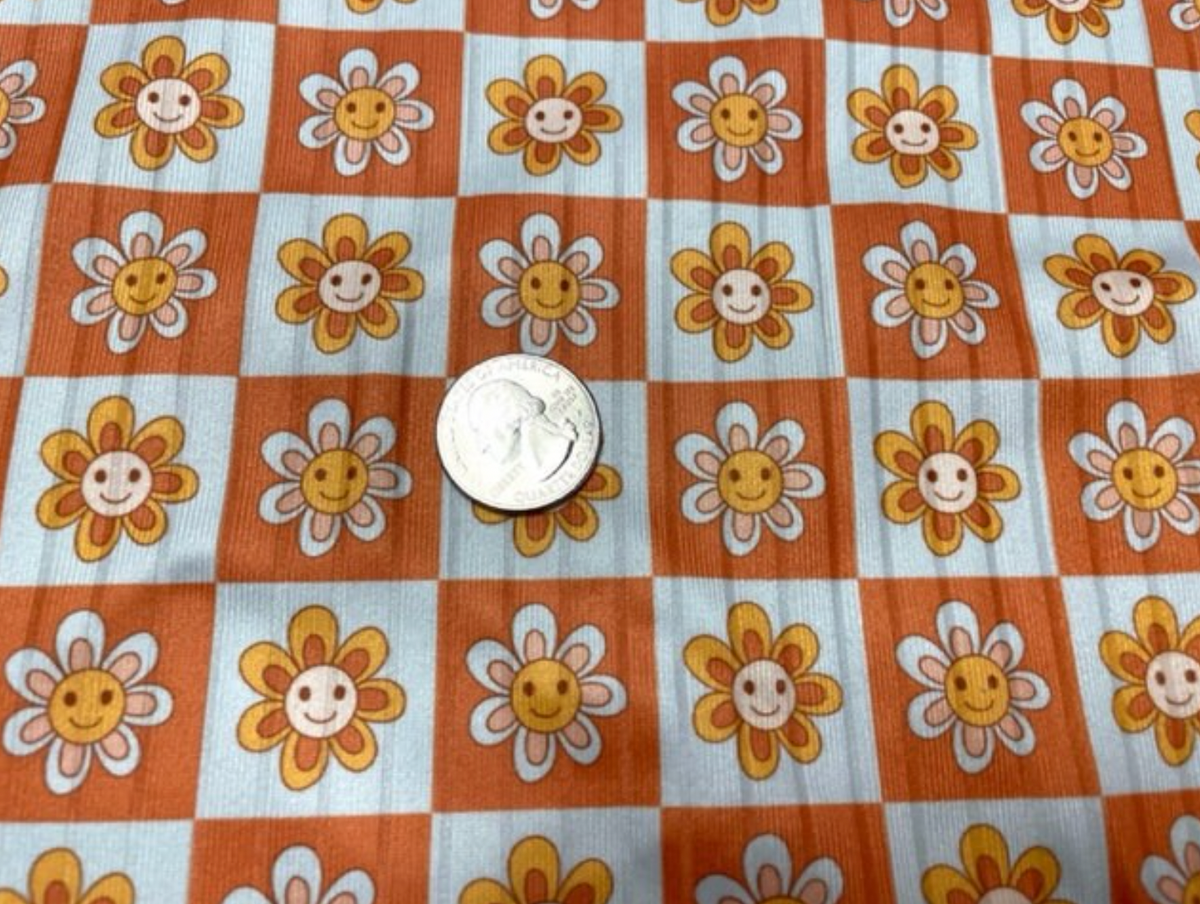 8x3 Retro Smiley Daisy Checkerboard DBP Knit Print #368 Double Brushed Poly Spandex Stretch 190GSM Apparel Fabric 58"-60" Wide By The Yard
