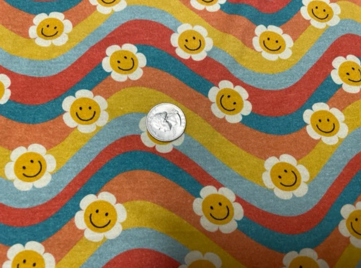 Wavy Groovy Smiley Floral Cotton Spandex Print #75 230GSM Jersey Knit Stretch Exercise Apparel Fabric Photography 58"-60" Wide By The Yard