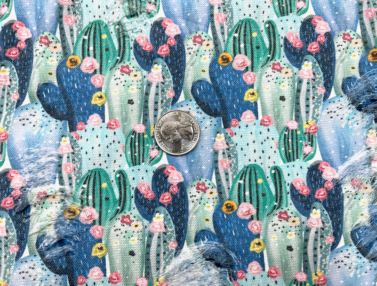 Succulent Cactus Distressed Denim Print #14 Polyester Rayon Spandex Stretch Apparel Fabric 58"-60" Wide By The Yard