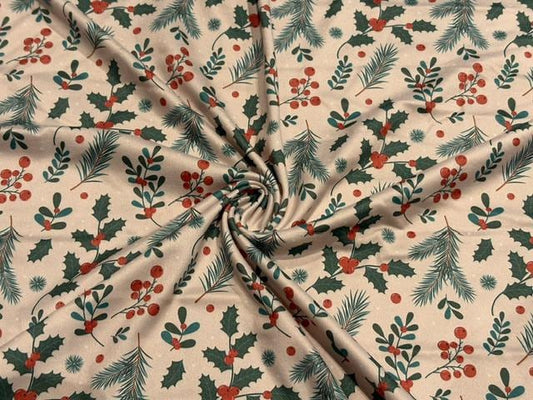 250 GSM DBP Christmas Holly Print #2069 Double Brushed Polyester Spandex Apparel Stretch Fabric 58"-60" Wide By The Yard
