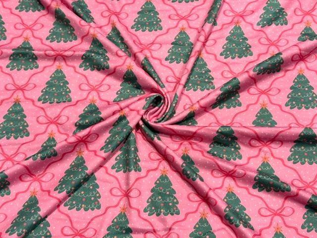 Christmas Tree Bow DBP Print #2071 Double Brushed Polyester Spandex Apparel Stretch Fabric 190 GSM 58"-60" Wide By The Yard
