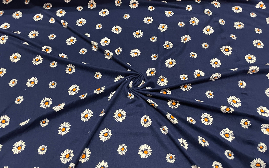 Daisy Floral Navy DBP Print #253 Double Brushed Polyester Peach Spandex Apparel Stretch Fabric 190 GSM 58