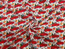 Load image into Gallery viewer, Red Christmas Truck Bullet Print #415 Ribbed Scuba Techno Double Knit 2-Way Stretch Poly Spandex Apparel Craft Fabric 58&quot;-60&quot; Wide BTY