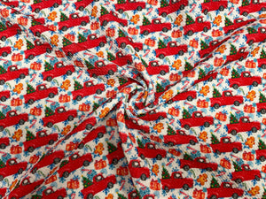 Red Christmas Truck Bullet Print #415 Ribbed Scuba Techno Double Knit 2-Way Stretch Poly Spandex Apparel Craft Fabric 58"-60" Wide BTY