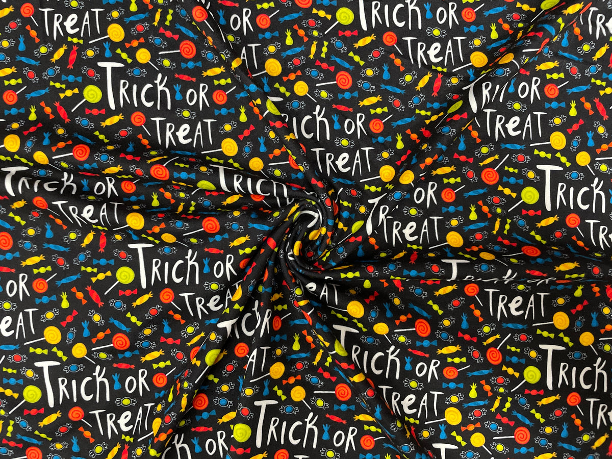 Trick or Treat Halloween Candy DBP Print #277 Double Brushed Polyester Spandex Apparel Stretch Fabric 190 GSM 58"-60" Wide By The Yard